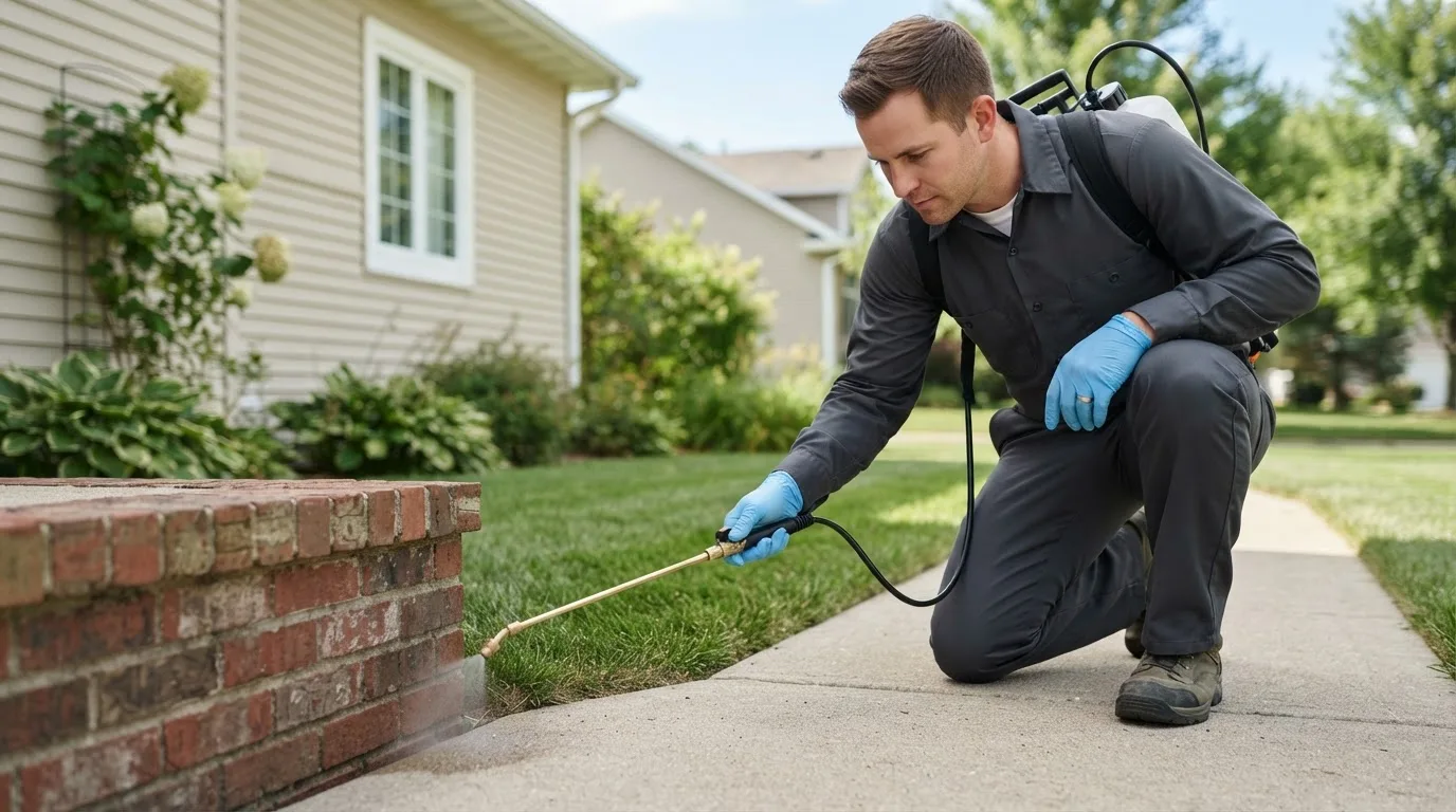 Pest control technician treating a home near Stacyville, ME