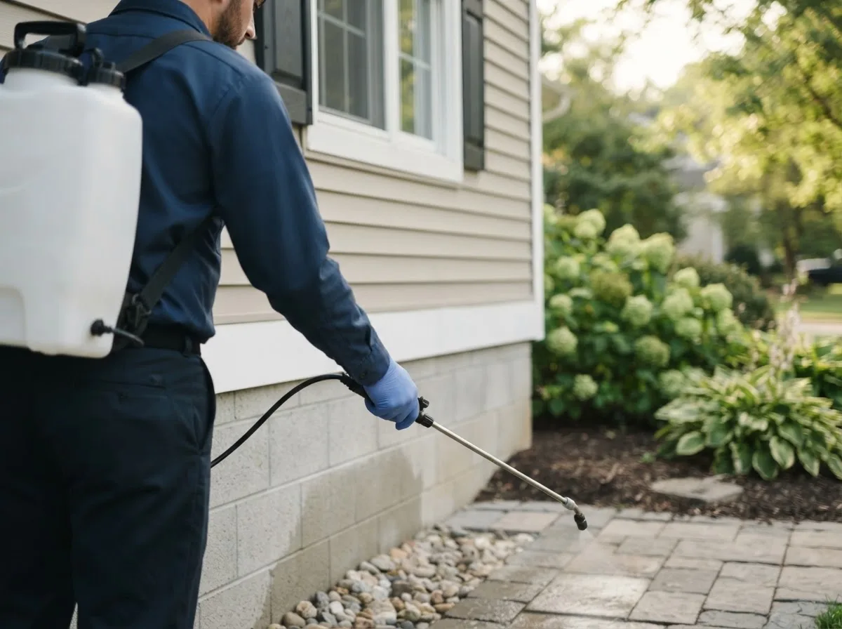 Pest control technician inspecting a home in Stacyville, ME